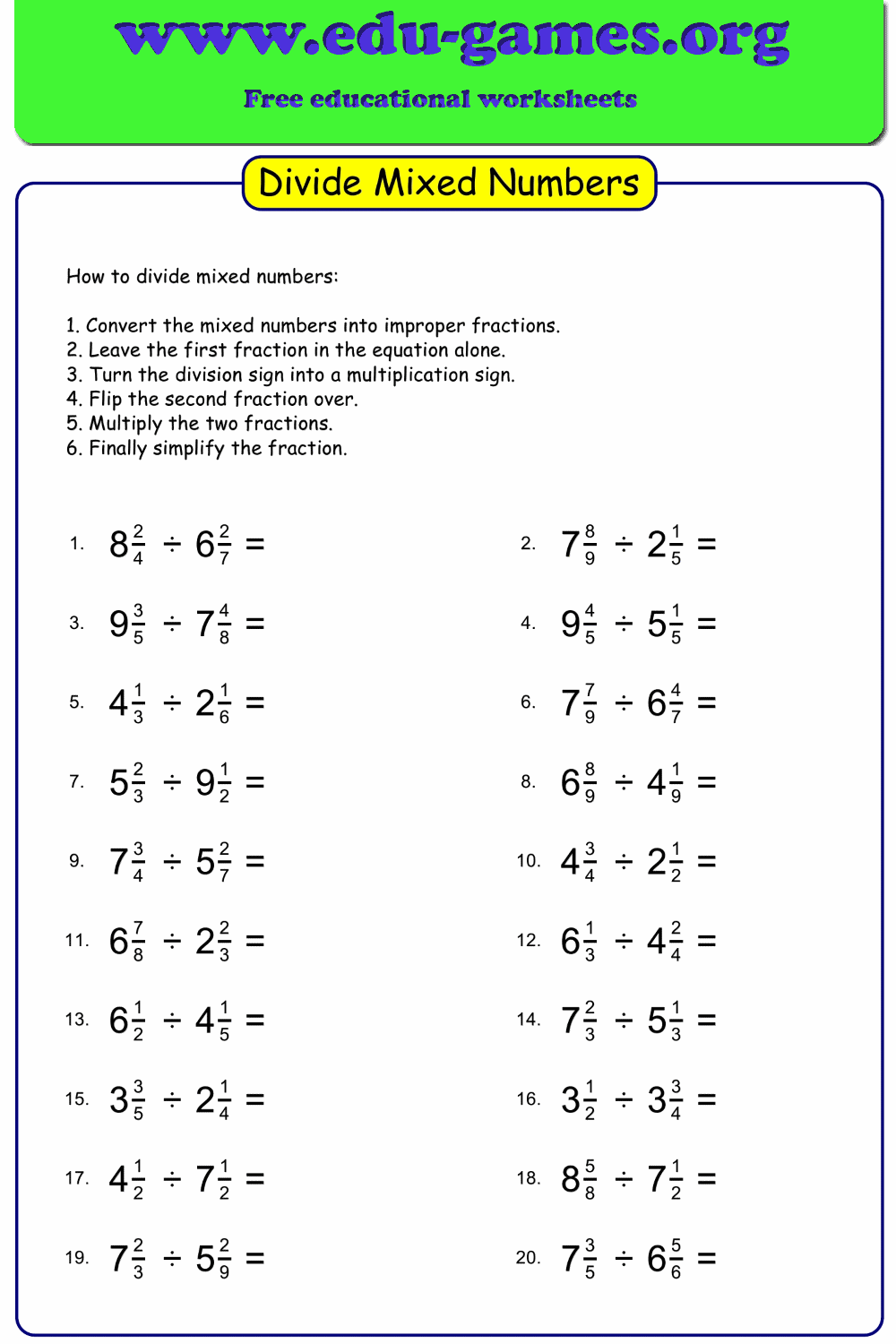 Dividing Mixed Numbers By Fractions Worksheet