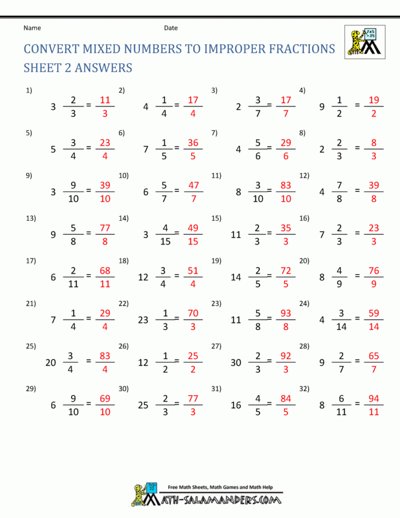 Improper Fractions To Mixed Numbers Worksheets