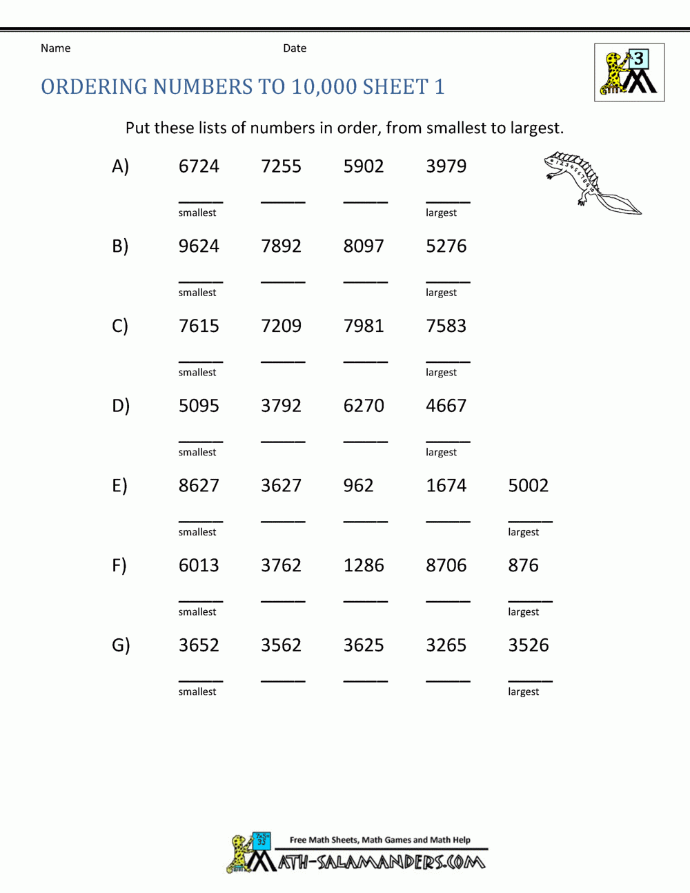 Math Worksheets 3rd Grade Ordering Numbers To 10000