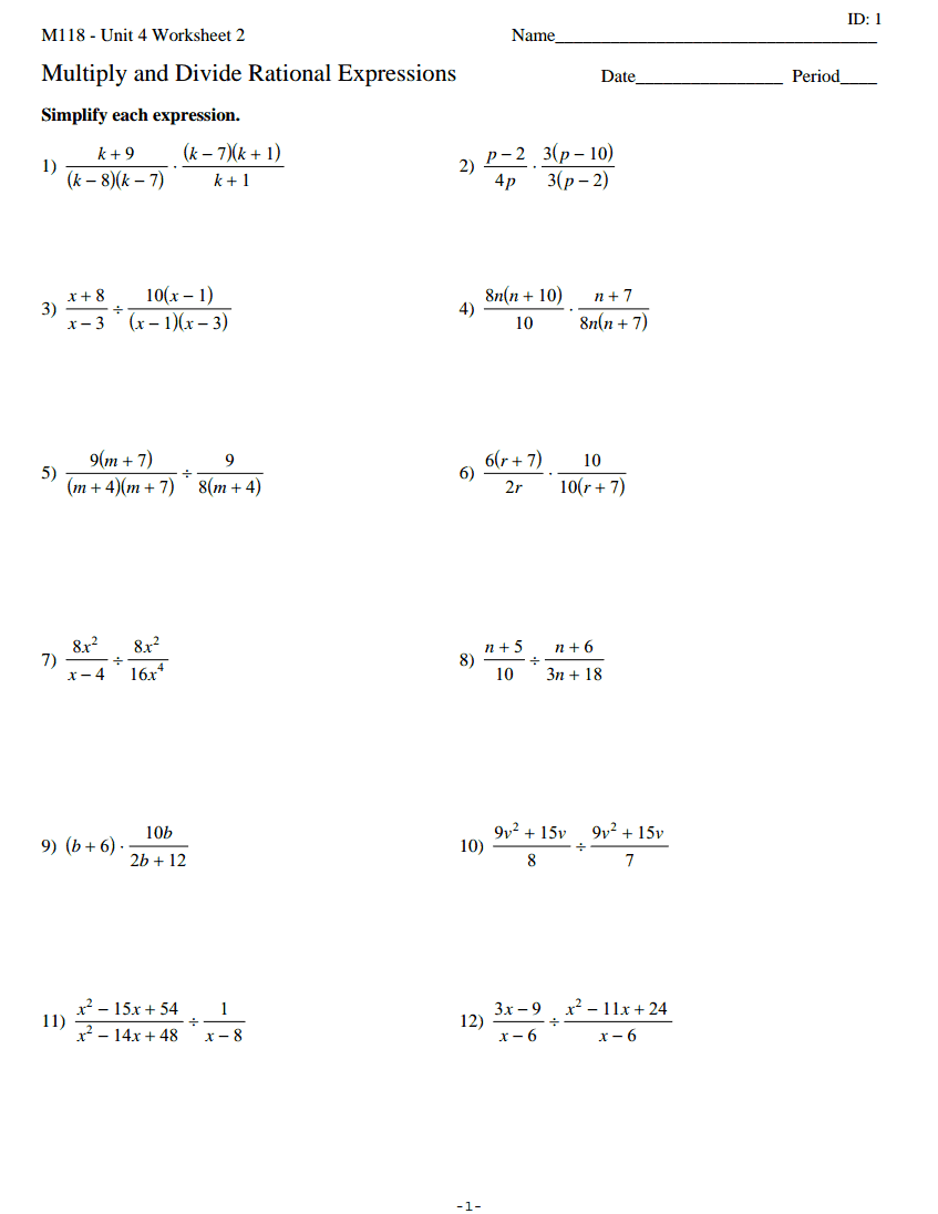 Multiplying Rational Expression Worksheet