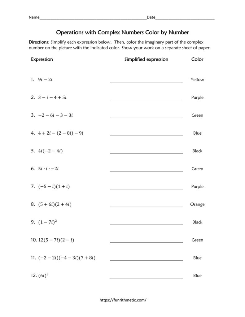 Operations With Complex Numbers Color By Number Funrithmetic
