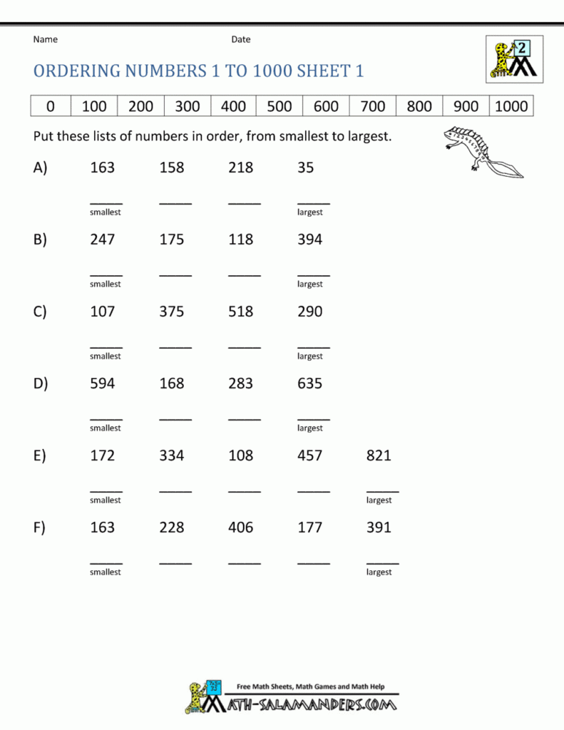 Ordering Numbers Worksheets Up To 1000