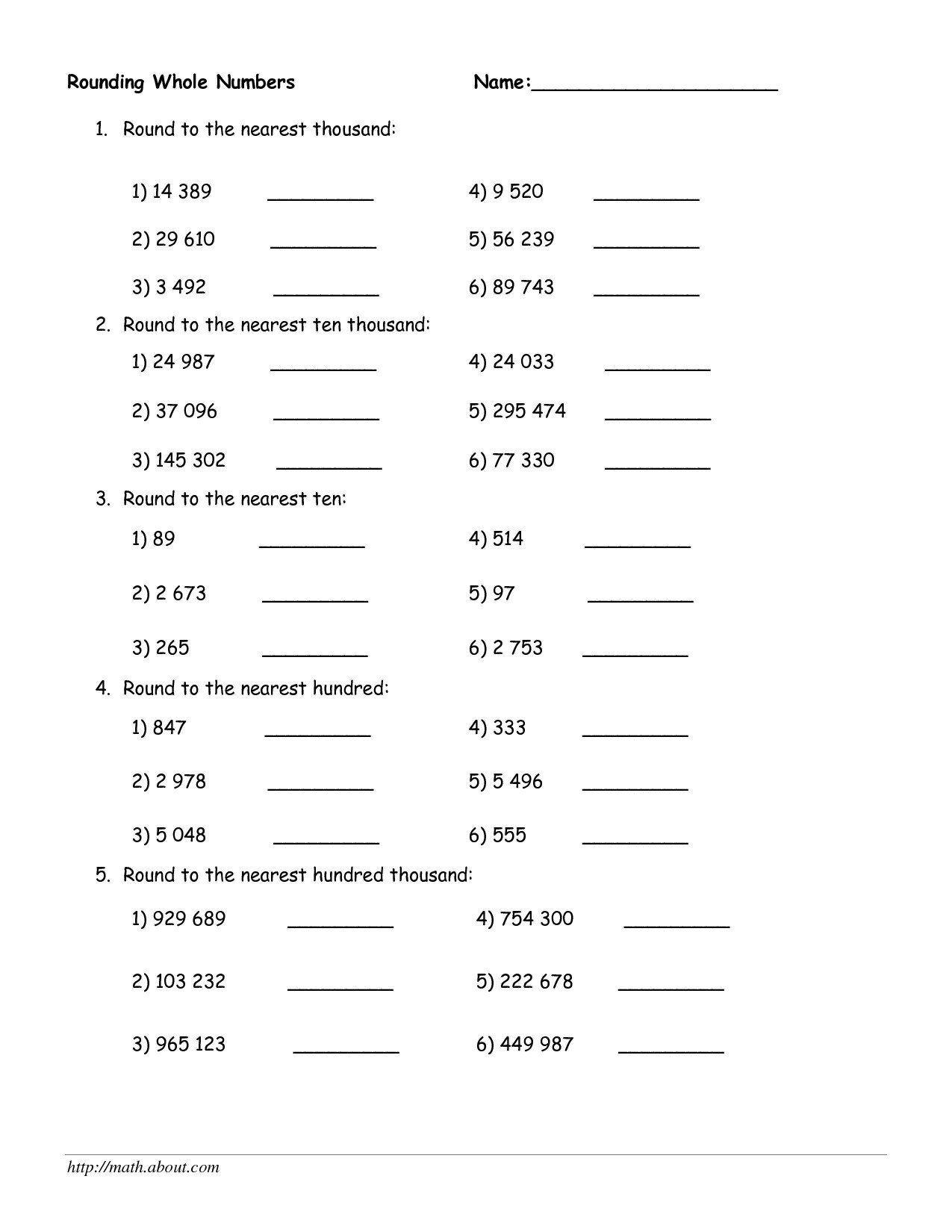Rounding Numbers 4th Grade Worksheets