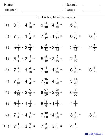 Subtracting Mixed Numbers Worksheet