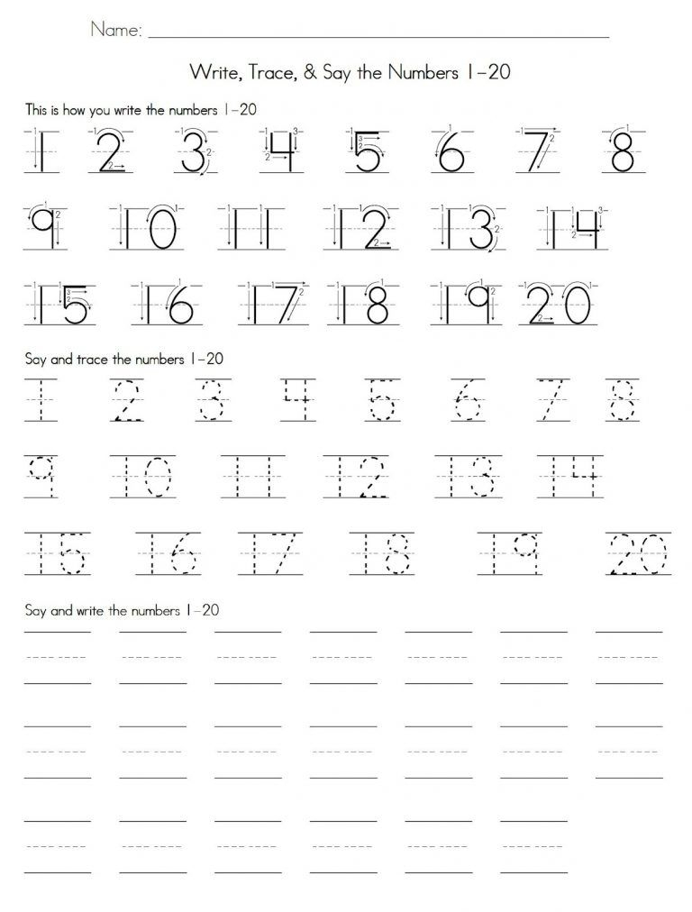 Trace Number 1 20 Worksheets Writing Numbers Practice