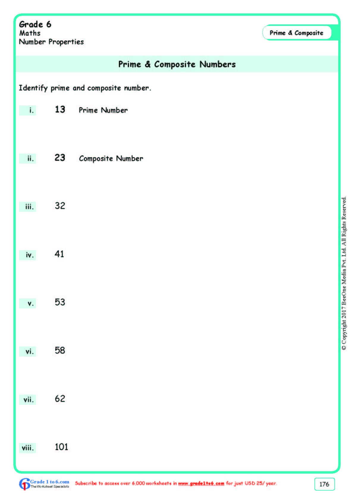 Worksheet Grade 6 Math Prime Composite Numbers Prime And Composite