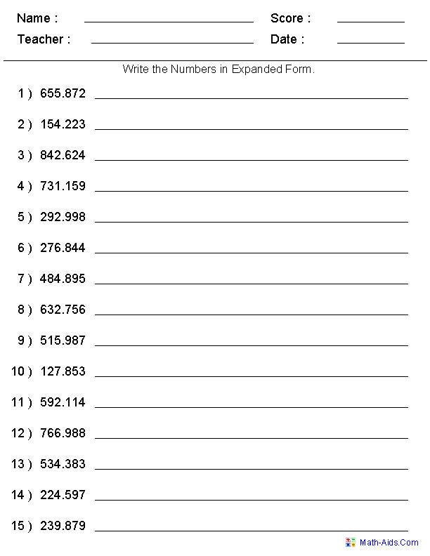 Writing Decimals In Expanded Form Worksheet